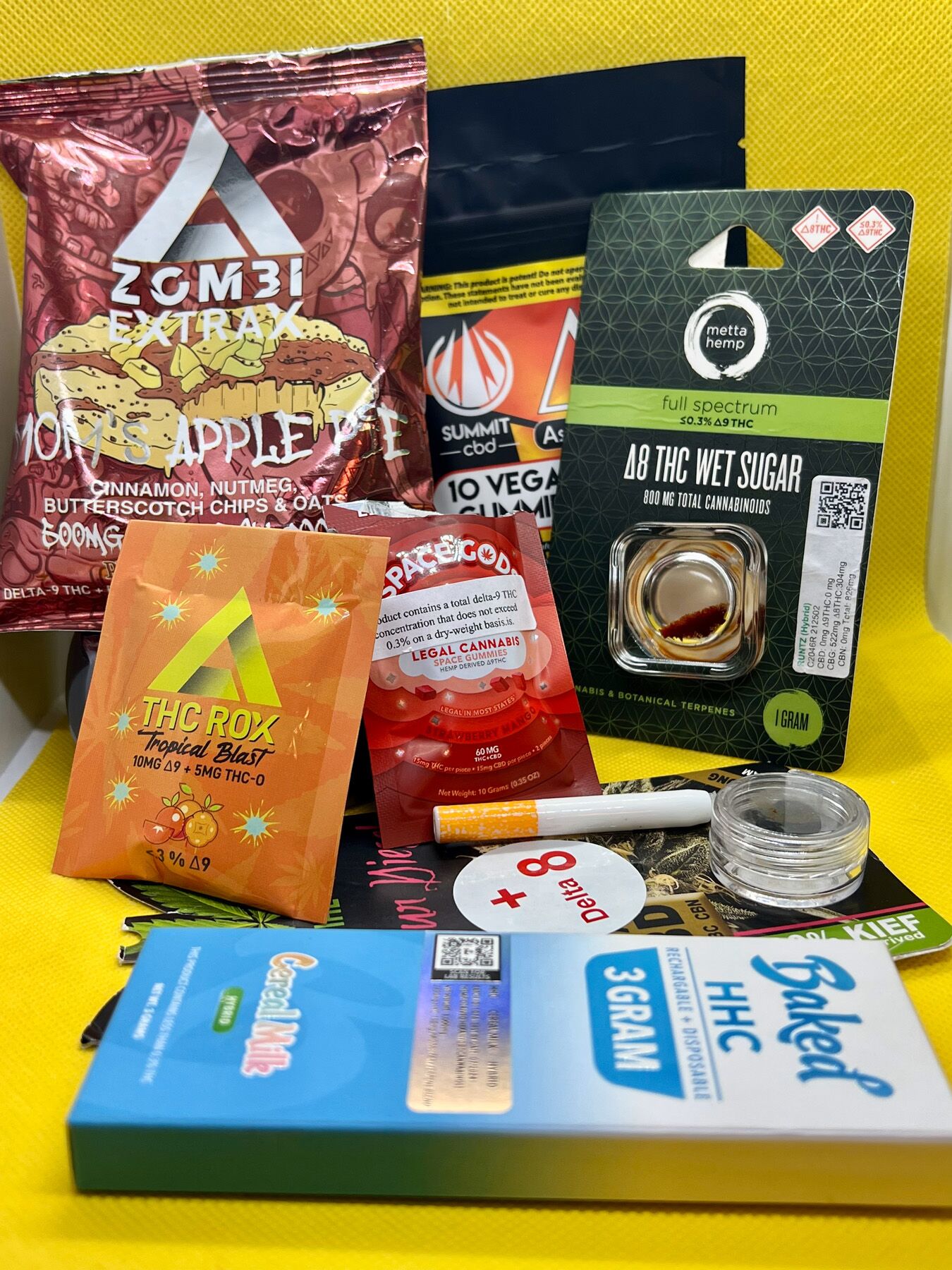 Seven hemp-derived products laid out on a shelf
