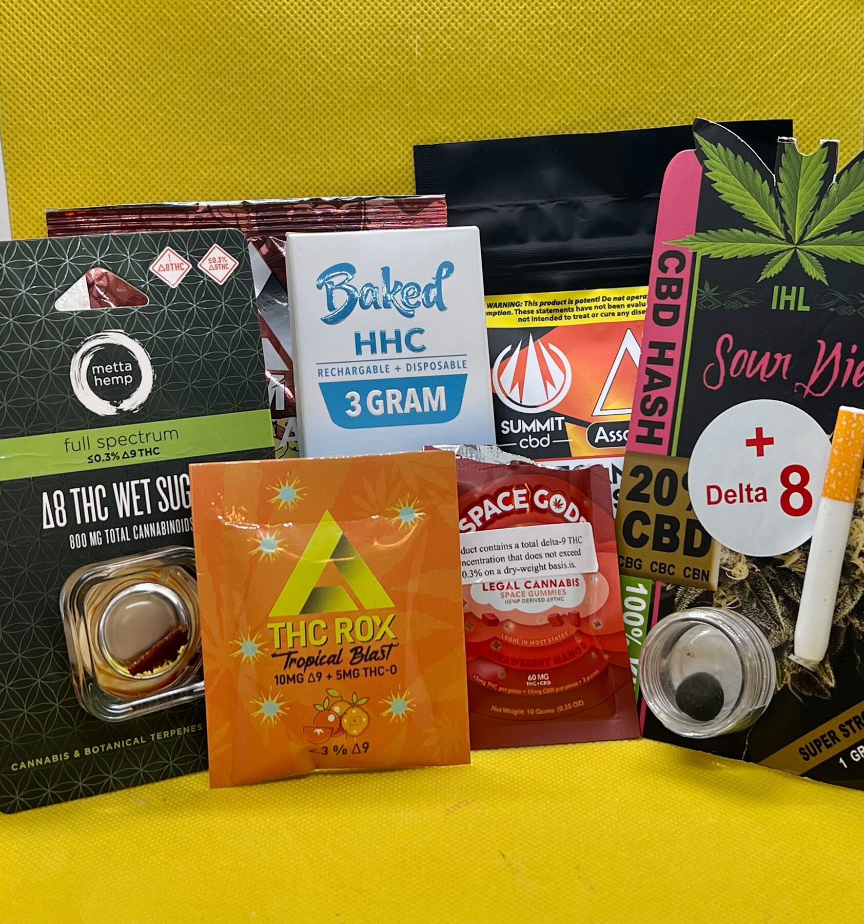 Seven hemp-derived products laid out on a shelf