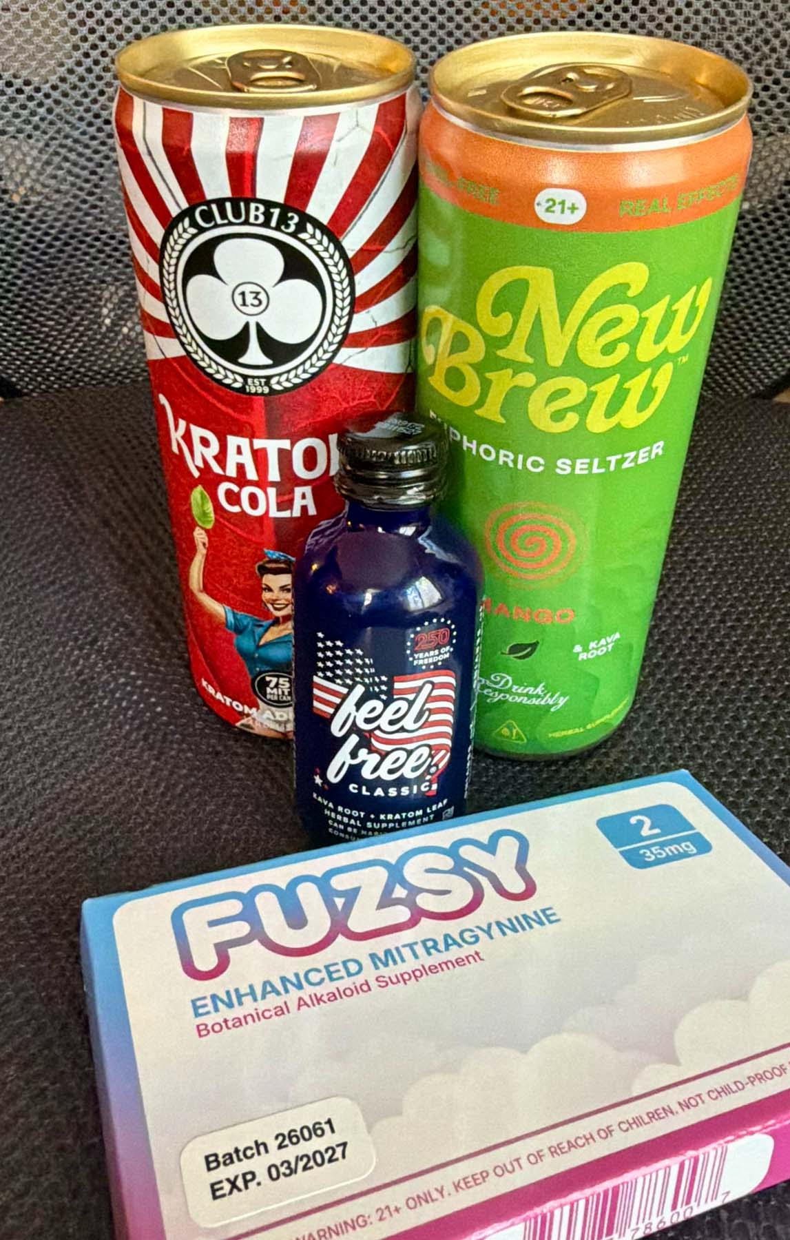 Adaptogenic drinks, kratom colas and kratom tablets lined up for sale