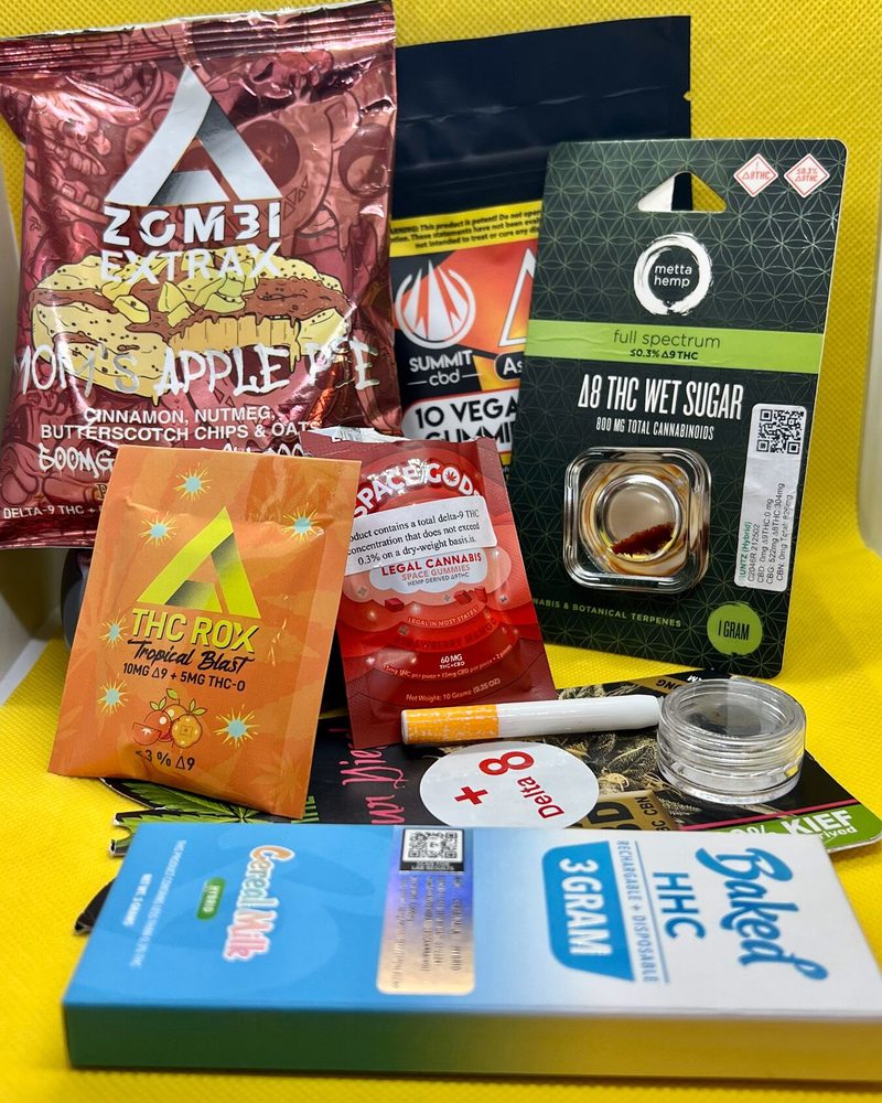 Packaged hemp-derived THC edibles and vapes in bright, snack-style wrappers